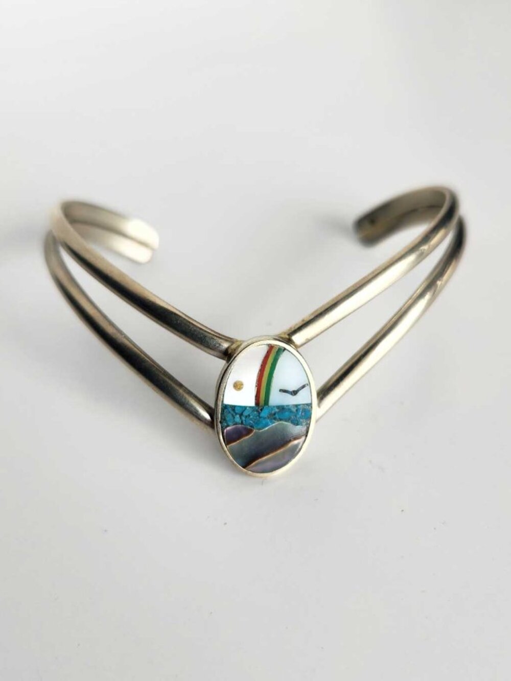 Vintage mosaic landscape inlay silver bracelet from Mexico - Picture 4 of 13